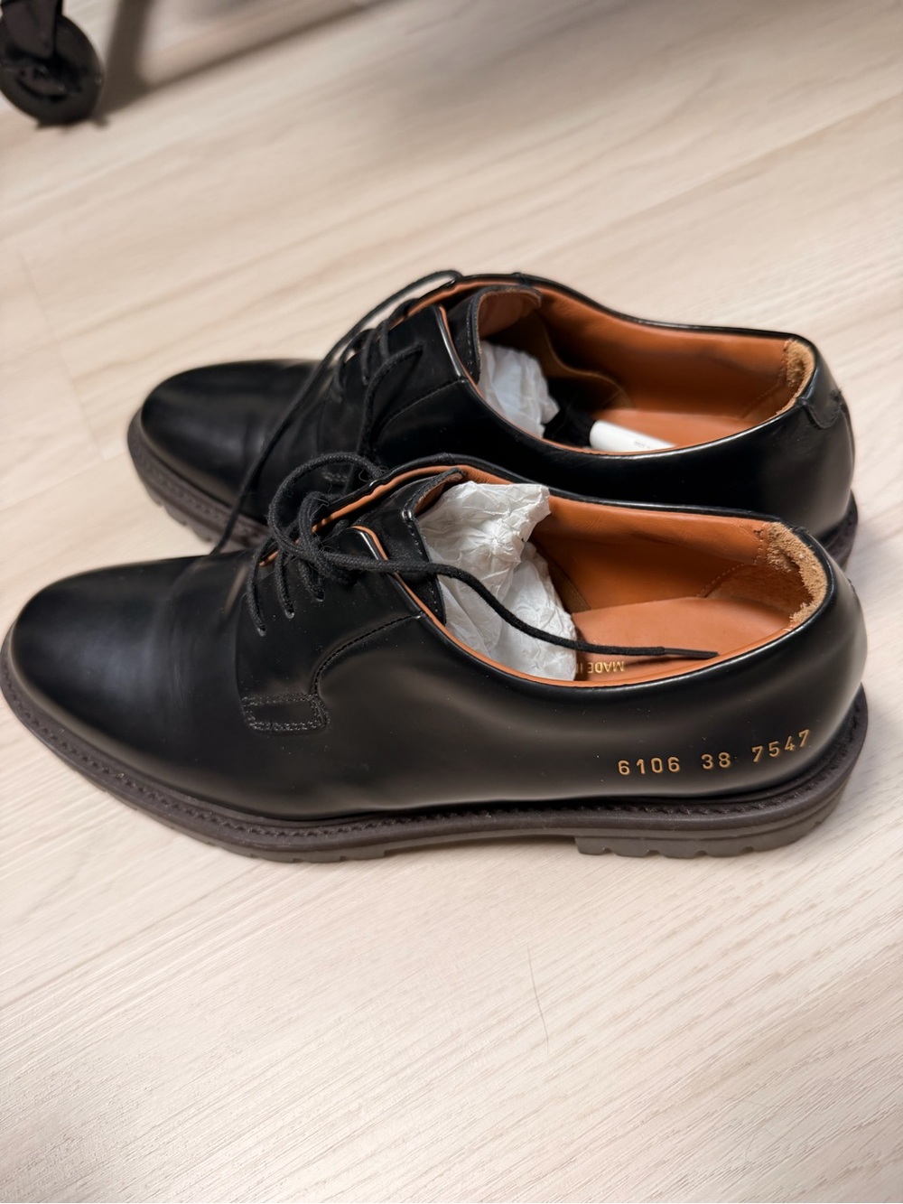 NWOB Common Projects Black Leather Derby Shoes Size 38